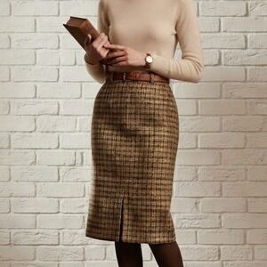 Tweed Pencil Skirt Womens 18 Brown Plaid Wool Blend Vintage *tear in lining